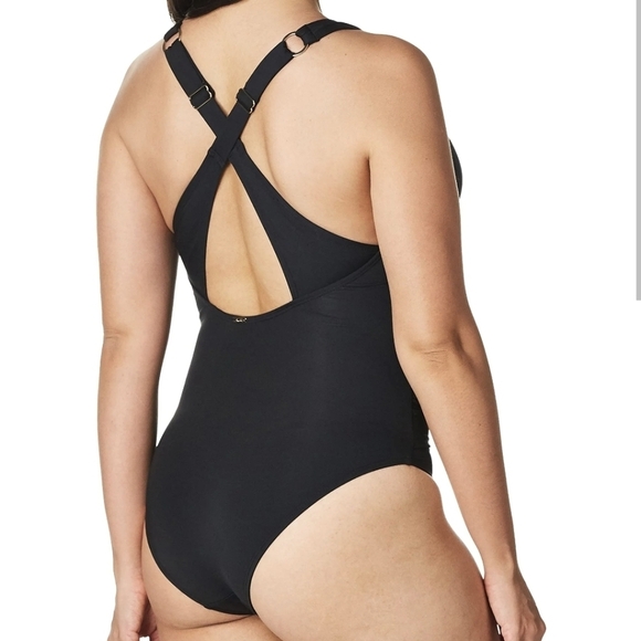 Ann Cole green v neck cross back adjustable straps bathing suit Navy Blue Sz 16 - Picture 1 of 7